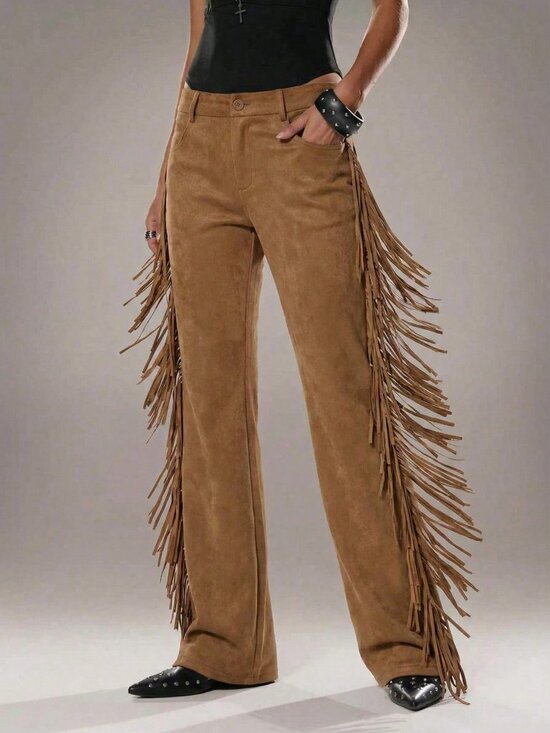 Pants - Brown Casual Women's Flare Leg Pants With Side Fringe Detail
